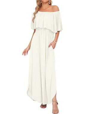 Women's White Summer Dress Off The Shoulder Strapless Maxi Dress Ruffle Pockets